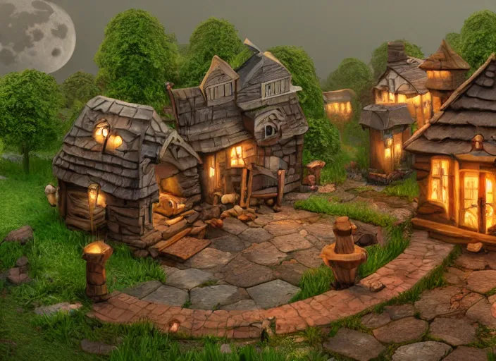 Prompt: munchkin village house, 3d model, miniature, iso, isometric view, gas lighting, stone and wood, dead trees, arches, round windows, moon windows, circles, digital art, unreal engine, artgerm, thomas kinkade, blizzard