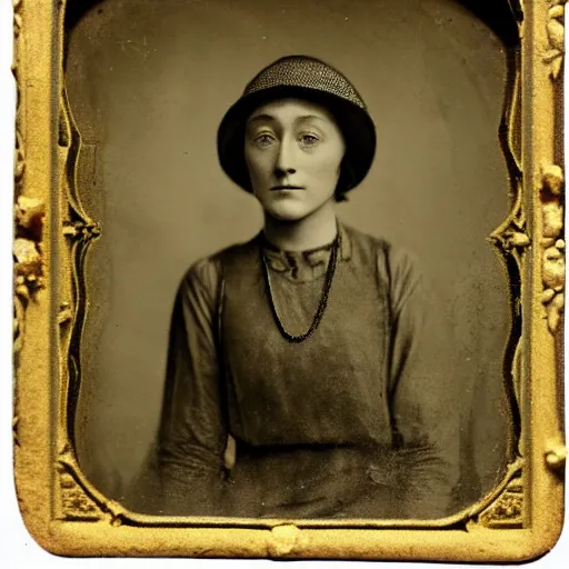 Image similar to Tintype photograph of Saoirse Ronan as a Irish ethnographic subject. 1920s studio lighting.