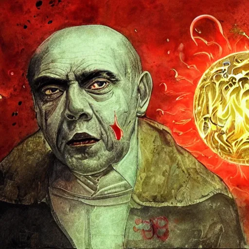 Image similar to portrait of alexander abdulov, with a red eyes, satanic body, head of old man, om blood of sinners, with background of ruined city, post - apocalyptic style, hellish style