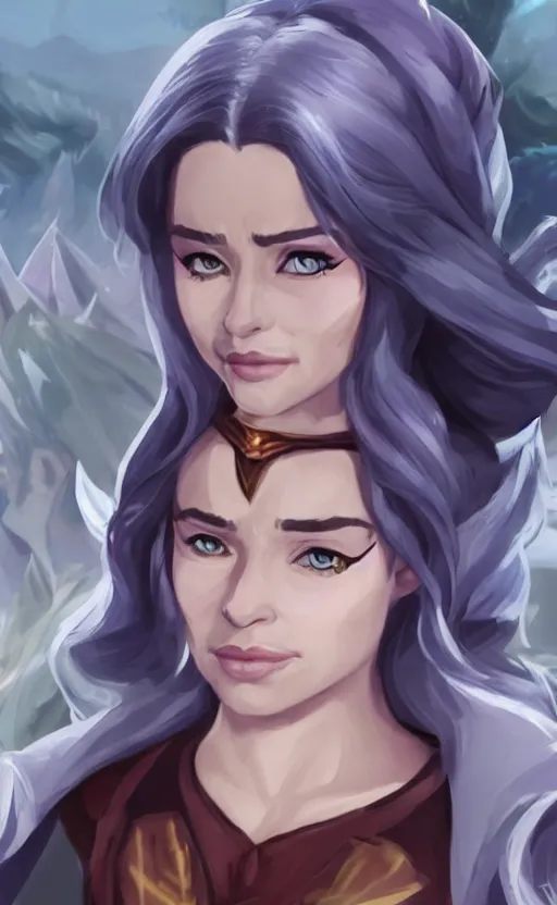 Image similar to Emilia Clarke as a character in the game League of Legends, with a background based on the game League of Legends, detailed face, old 3d graphics