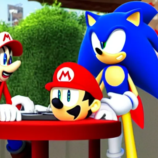 Image similar to sonic and mario having dinner together at a restaurant, setting their differences aside and having a talk