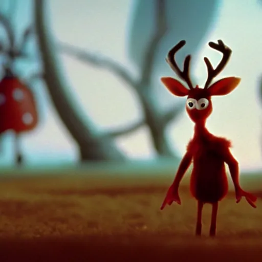 Image similar to a cinematic film still from a 2001 Pixar horror movie about an anthropomorphic Reindeer that turns evil, in the style of Pixar, shallow depth of focus