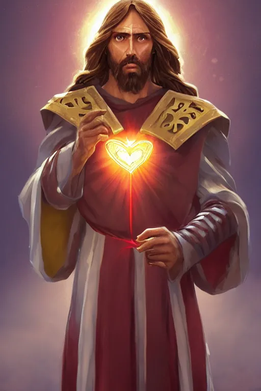 Image similar to A card with description and status of Jesus Christ as a DOTA 2 character holding a Sacred Heart armor, card game, card, trade card game, Artifact Dota2, by Stanley Artgerm Lau, WLOP, Rossdraws, James Jean, Andrei Riabovitchev, Marc Simonetti, Yoshitaka Amano, ArtStation, CGSociety,