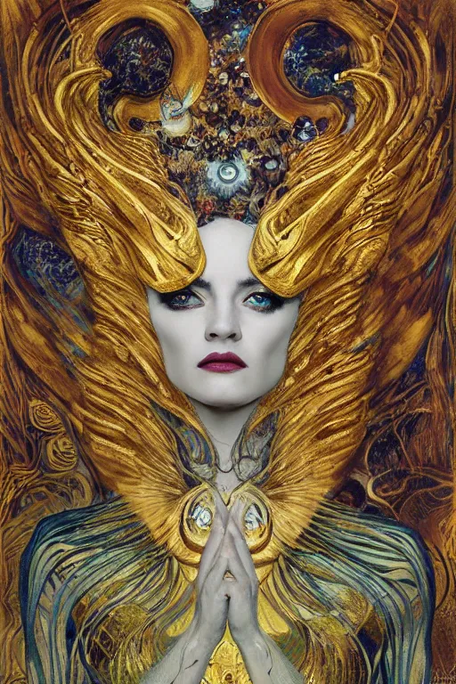 Prompt: Intermittent Chance of Chaos Muse by Karol Bak, Jean Deville, Gustav Klimt, and Vincent Van Gogh, trickster, enigma, Loki's Pet Project, destiny, Poe's Angel, Surreality, inspiration, fountain of beauty, inspiration, muse, otherworldly, fractal structures, arcane, ornate gilded medieval icon, third eye, spirals