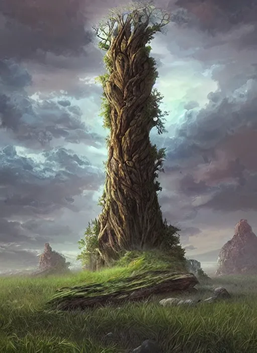 Prompt: a petrified tree that is an ancient cylindrical multitiered tower rising from a rolling grassland, fantasy digital painting, stunning intricate details, artwork by ross tran, artgerm