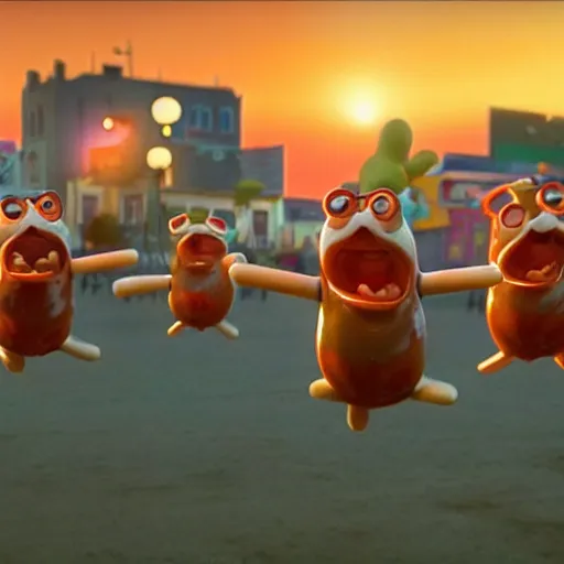 Prompt: pixar still of hotdogs falling from a blue sky at sunset in a steampunk city