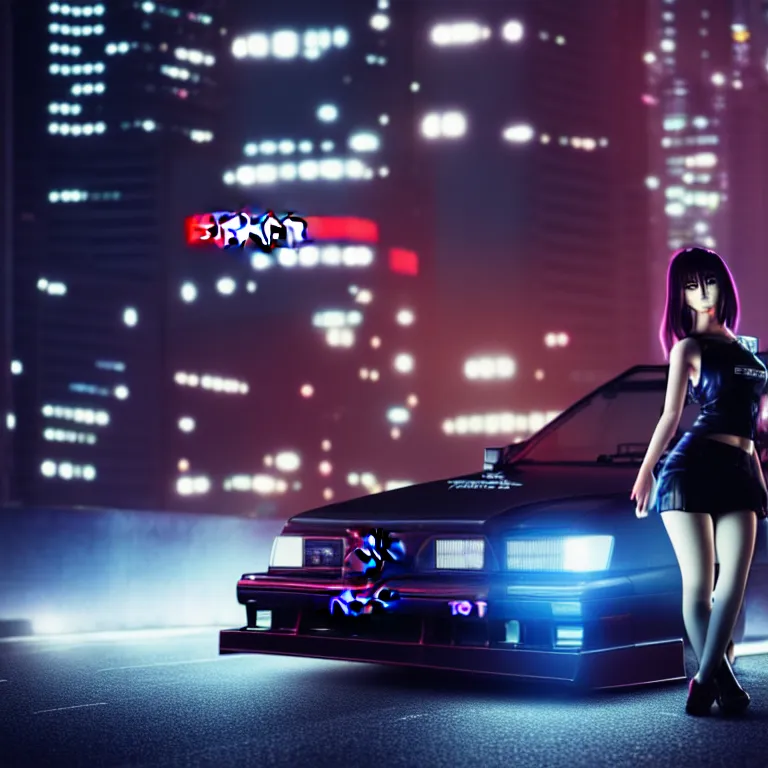 Image similar to toyota jzx 1 0 0 drift, detailed - wheels, shibuya prefecture, with cyberpunk girl standing, cinematic lighting, photorealistic, night photography, octane render