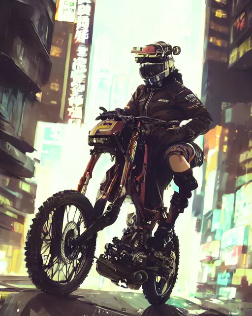 Image similar to koyto animation girl wearing cyberpunk intricate streetwear riding dirt bike, respirator, detailed portrait, cell shaded, 4 k, concept art, by wlop, ilya kuvshinov, artgerm, krenz cushart, greg rutkowski, pixiv. cinematic dramatic atmosphere, sharp focus, volumetric lighting, cinematic lighting, studio quality