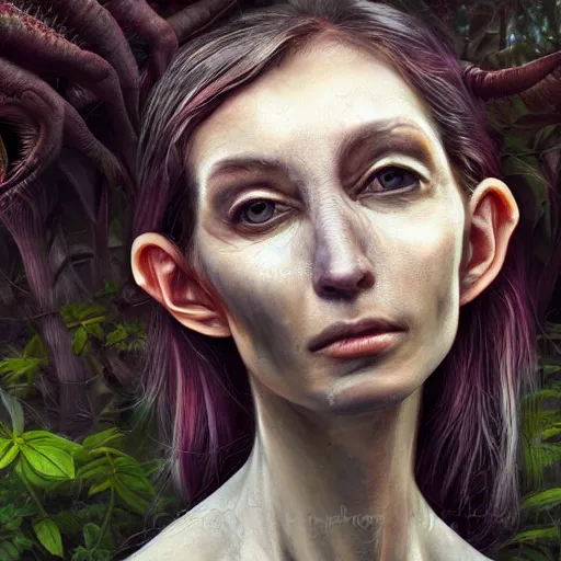 Image similar to portrait painting of an alien, garden, photorealistic, extreme detail, sharp focus, 8 k, intricate, hyper detailed, realistic, cinematic lighting