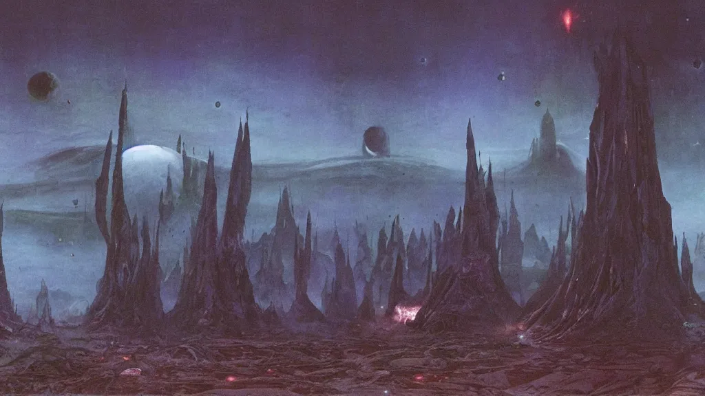 Image similar to eerie atmospheric alien planet empire by jack gaughan and bob eggleton and chris moore, epic cinematic matte painting