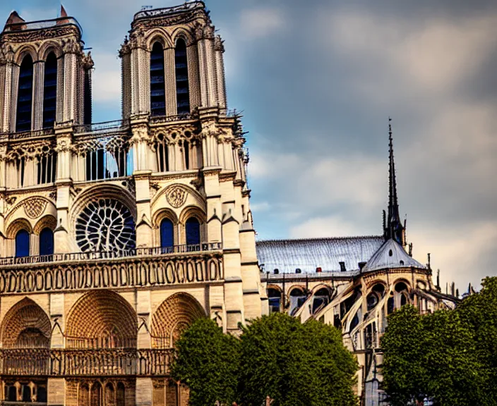 Image similar to 4 k hd, high detail photograph of notre dame cathedral, full colour, shot with sigma f / 4. 2, 2 5 0 mm sharp lens, wide shot, volumetric lighting, high level texture render