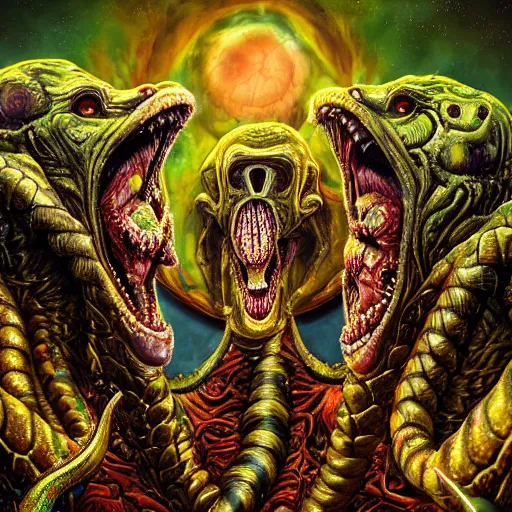 Prompt: a crazy and extraterrestrial hyper - detailed high painting of giant heads joined by snakes, the heads are open they have spiked scales and sharp teeth, the mouth is open and monstrous beings of all kinds run and scream, psychedelic horror surreal art cosmic horror weird bizarre art, cry engine octane render