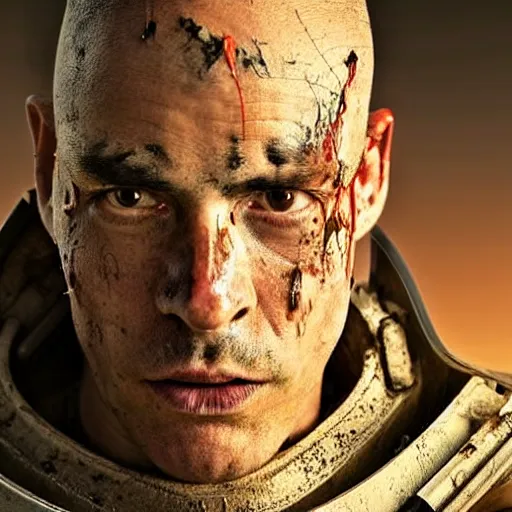 Prompt: portrait of a 5 0 year old soldier wearing vertical slits on his nose, angular eyebrows, blood - spattered glossy sleek white dinged scuffed armor and a long torn red cape, heroic posture, battle - weary, strained expression, determined expression, no helmet, on the surface of mars, dramatic lighting, cinematic, sci - fi, hyperrealistic, detailed