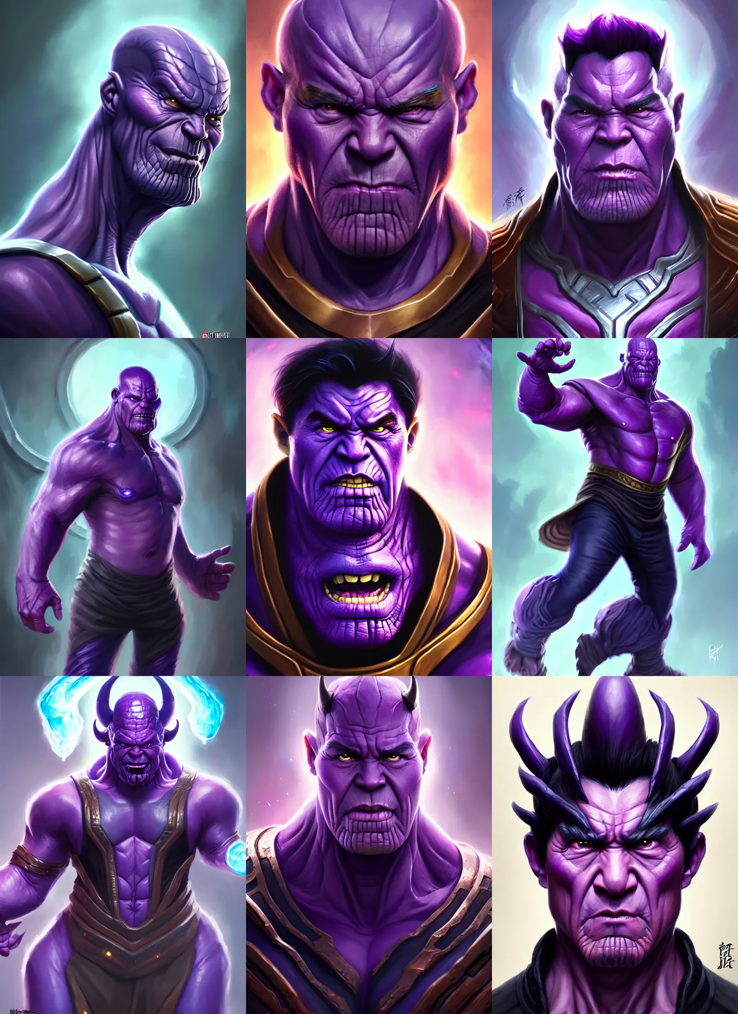 Prompt: a fantasy style portrait painting a character if jackie chan and thanos had a son, purple skin, powerful chin, thanos style traits, painting, unreal 5, daz., rpg, portrait, extremely detailed, artgerm greg rutkowski _ greg