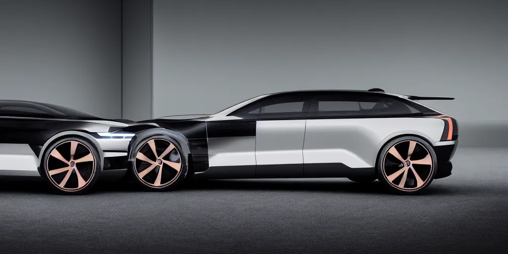 Prompt: a design of a futuristic Volvo, designed by Polestar and DMC, northern lights background, brushed rose gold car paint, black windows, dark show room, dramatic lighting, hyper realistic render, depth of field