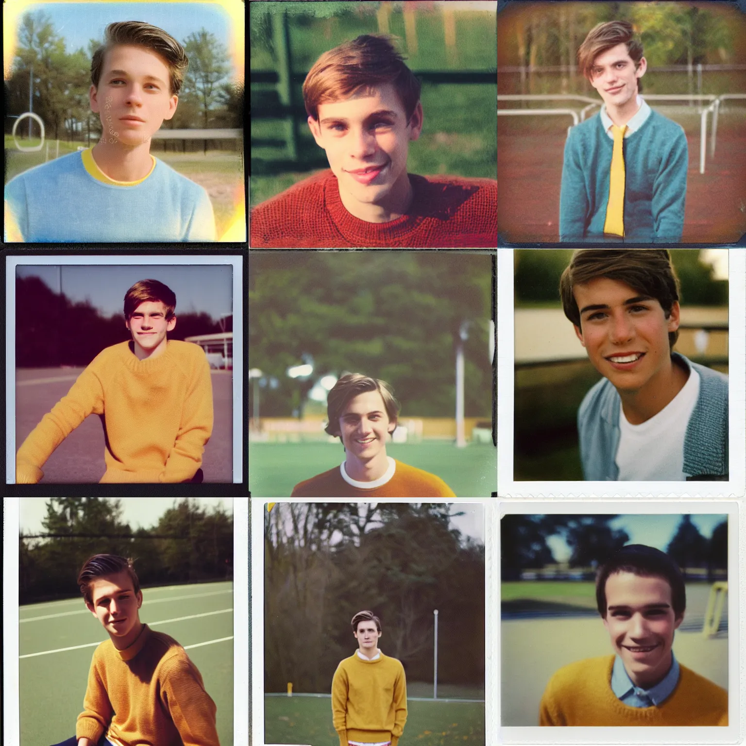 Prompt: instax polaroid film photo of an attractive preppy young man with messy medium length light brown hair and a yellow sweater sitting on outdoor bleachers in the sun, warm, nostalgia, faded glow, expired film analog photography, grainy texturized dusty, saturated colorized