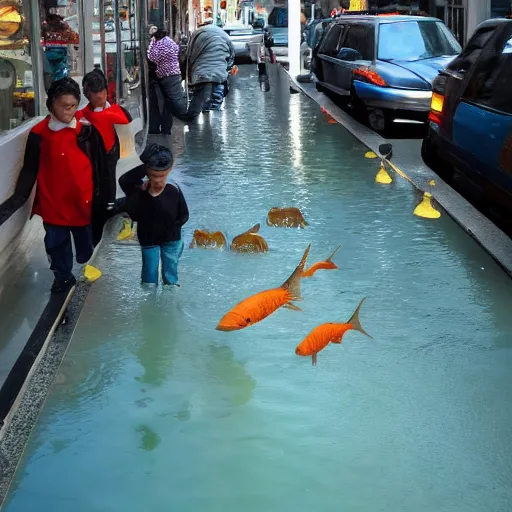 Image similar to a liquid sidewalk with a group of fish swimming inside it