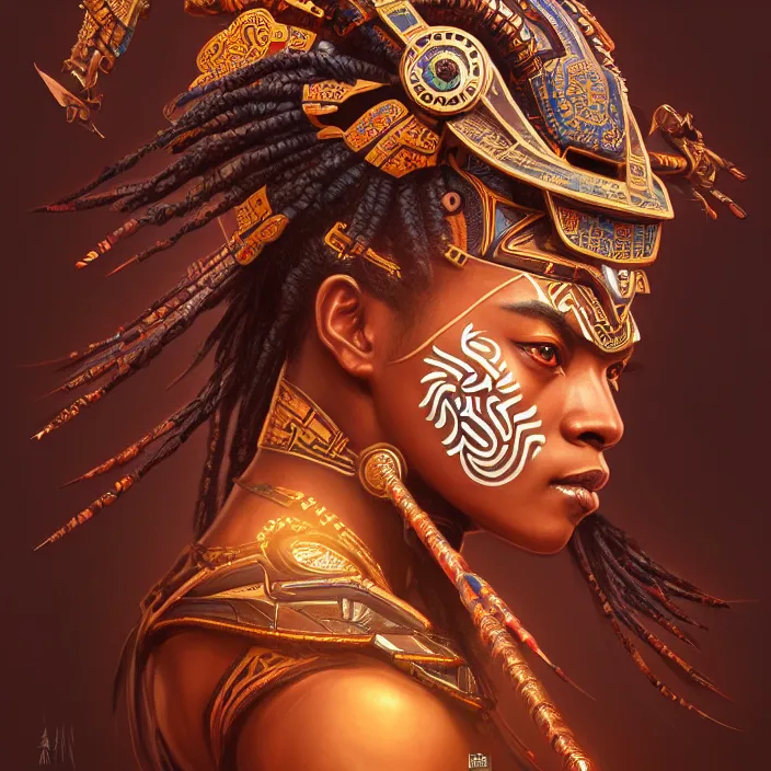 Image similar to symmetry! portrait of a hybrid african warrior, face decorated with chinese opera motifs, leds horizon zero dawn machine, intricate, elegant, highly detailed, digital painting, artstation, concept art, smooth, sharp focus, illustration, art by artgerm and greg rutkowski and alphonse mucha, 8 k