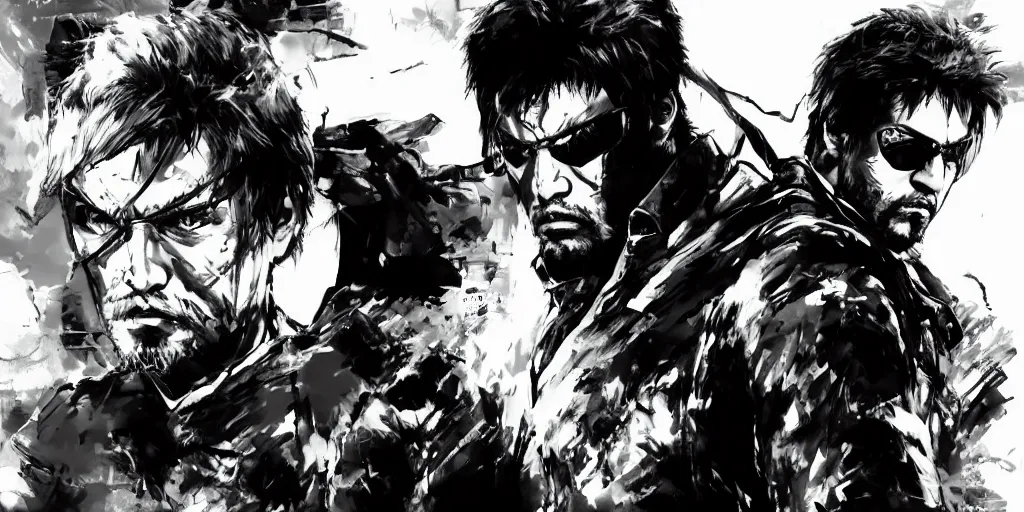 Prompt: a full - body portrait of chow yun - fat, in yoji shinkawa's art style, metal gear solid art style highly detailed, 4 k, artistic, white background, b & w