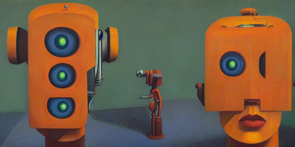 Image similar to sentient robot with soulful eyes portrait, lowbrow, pj crook, grant wood, edward hopper, oil on canvas