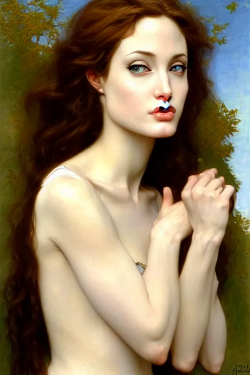 Image similar to angeline jolie, painting by rossetti bouguereau, detailed art, artstation