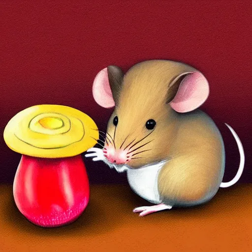 Image similar to “ digital art illustration of a mouse sitting on top of a red mushroom. whimsical. trending on art station ”