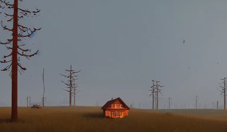 Prompt: A serene landscape with a singular building in the style of Simon Stalenhag.