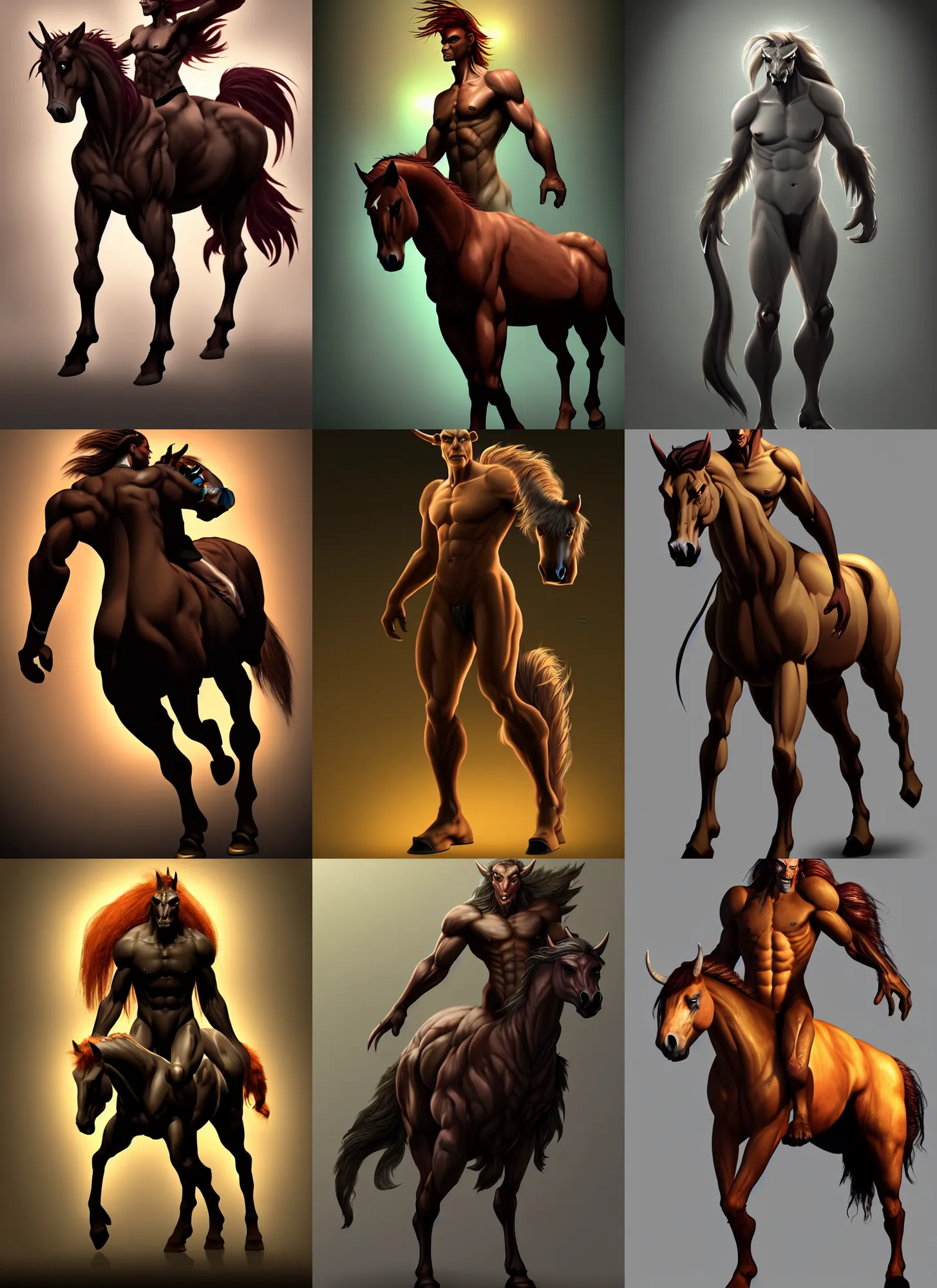 Image similar to studio photo of a dramatic lighting, character design of a horse human hybrid monster, centaur trending on artstation. monster character, human