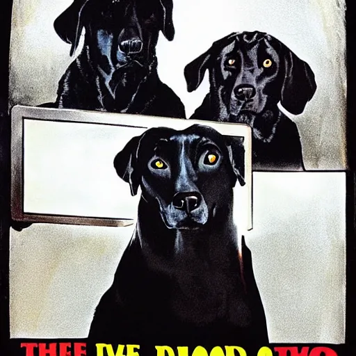 Image similar to black dog with three heads looking through tv screen, horror movie poster