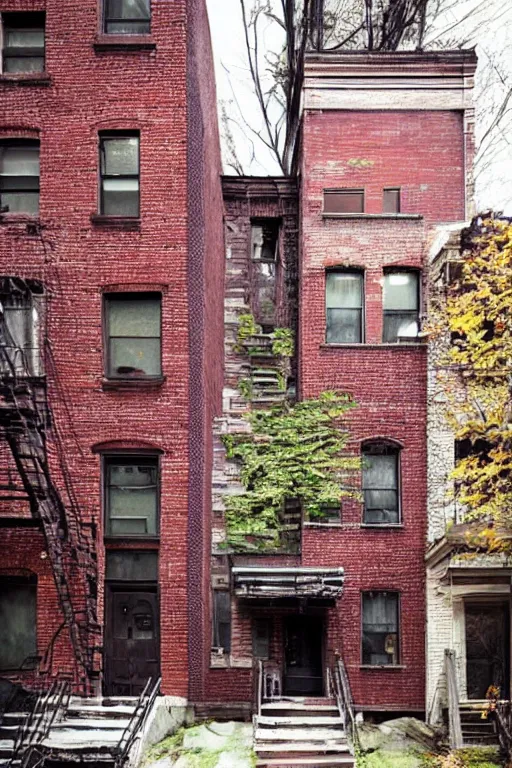 Image similar to (((((a ramshackle manhattan brick brownstone deep in the forest))))) by Robin Tran!!!!!!!!!!!!!!!!!!!!!!!!!!!