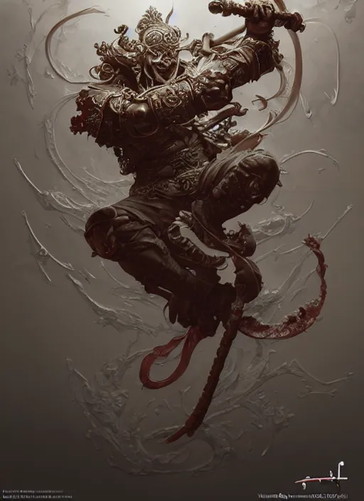 Prompt: subsurface scattering, white, koi, samurai deity with filigree armor, blood, octane render, by jesper ejsing, james jean, justin gerard, tomasz alen kopera, cgsociety and fenghua zhong, highly detailed, rim light, cinematic lighting, illustration, art, very coherent, cinematic, hyper realism, high detail, 8 k