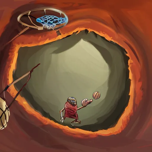 Image similar to a mimic jumping out of it's disguise as a basketball inside of a cave gnarling it's teeth ready to attack, fantasy, digital painting