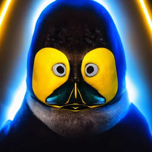 Image similar to portrait photo of a penguin as a jedi, blue and yellow lighting, dark, cinematic, high quality, 4 k