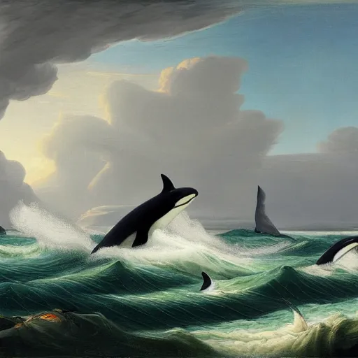 Image similar to orcas at sea, stormy, asher brown durand, highly detailed, artstation