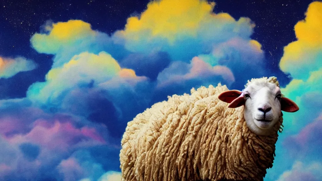 Image similar to portrait of a sheep on a colorful nebulous cloud backdrop