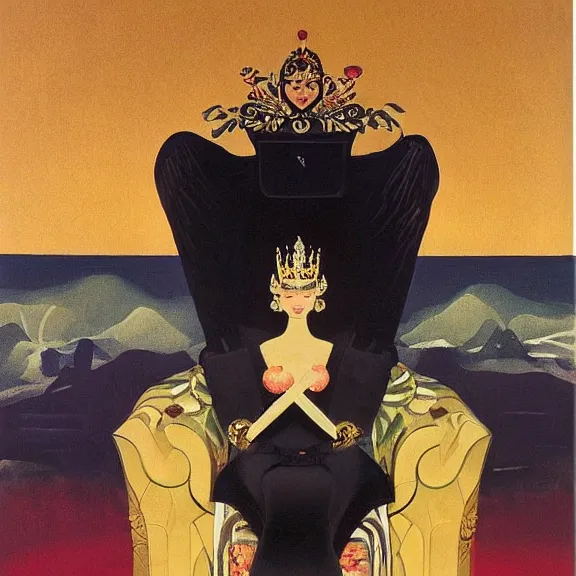 Image similar to an oil painting of a queen in a black funeral dress sitting on a throne, by bruce pennington, by eyvind earle, nicholas roerich, by frank frazetta, by georgia o keeffe