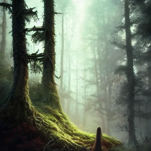 Image similar to highly detailed creepy forest creature with antlers, stephen bliss, unreal engine, fantasy art by greg rutkowski, loish, rhads, ferdinand knab, makoto shinkai and lois van baarle, ilya kuvshinov, rossdraws, tom bagshaw, global illumination, radiant light, detailed and intricate environment