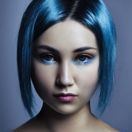 Image similar to intricate portrait, pure skin, short blue hair