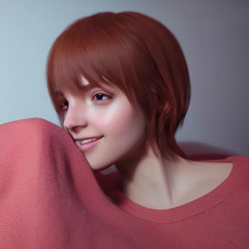 Image similar to 3 d render of a cute thin young woman, red blush, wearing casual clothes, small smile, relaxing on a couch, cuddling up under a blanket, cozy living room, medium shot, 8 k, octane render, trending on artstation, art by artgerm, unreal engine 5, hyperrealism, hyperdetailed, ultra realistic