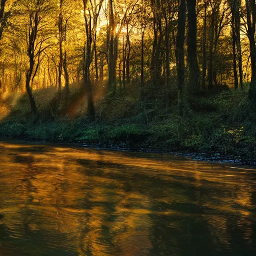 Prompt: river in a forest, golden hour, ray tracing reflection, 8k, hyper realistic, insainly detailed, hdr, octane render