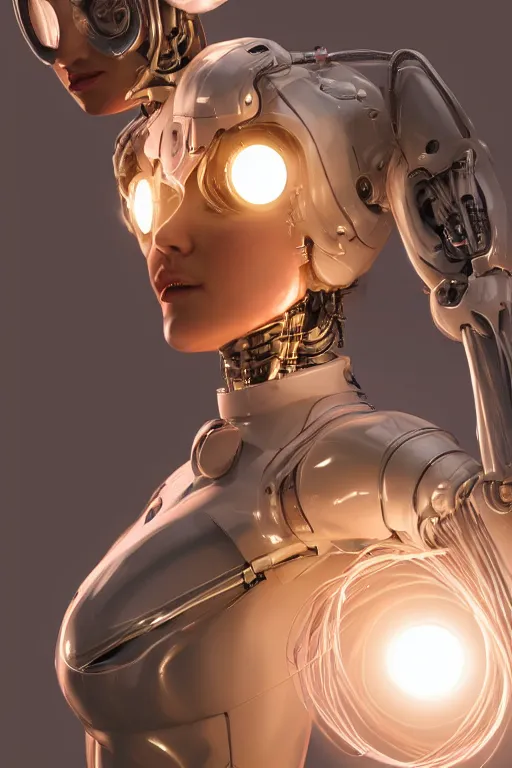 Image similar to a beautiful woman with blonde hair wearing robot suit with wires and light, highly detailed, photorealistic, artstation, smooth