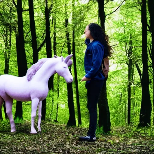 Image similar to security footage of a teenager with black curly hair on the woods riding a unicorn