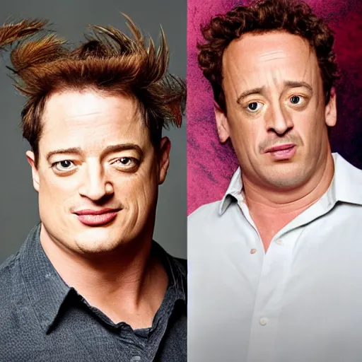 Prompt: studio portrait of heavyset brendan fraser back to back with retiree pauly shore