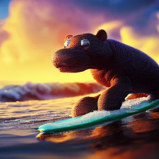 Image similar to a closeup photorealistic photograph of a cute smiling knitted tiger hippopotamus riding a wave at sunset. surf in background. professional capture. brightly lit scene. this 4 k hd image is trending on artstation, featured on behance, well - rendered, extra crisp, features intricate detail, epic composition and the style of unreal engine.