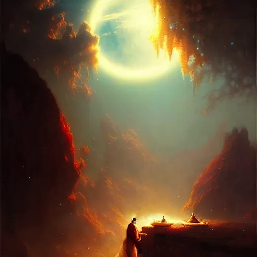 Image similar to giant shining crescent in a magic fluffy persian carpet dimension, by greg rutkowski and gaston bussiere, dim lighting, beautiful volumetric - lighting - style atmosphere, surreal atmosphere, intricate, detailed, photorealistic imagery, artstation