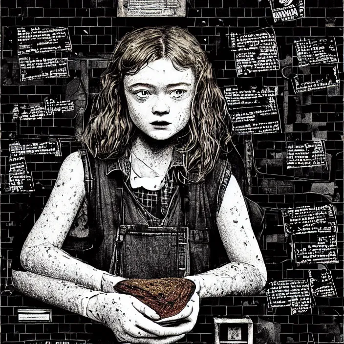 Prompt: sadie sink as a coal miner : eats bread at a table. inside a dirty automated kiosk. bright tasty food options displayed on a wall. black tiles on walls. black and white, pencil and ink. by gabriel hardman, joe alves, chris bonura. cinematic atmosphere, detailed and intricate, perfect anatomy