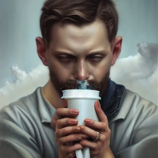 Prompt: by tom bagshaw, ultra realist soft painting of a daily clothed man drinking his coffee while watching the bomb explode, partial symmetry accurate features, very intricate details, focus, curvy, award winning, ultra dense fog