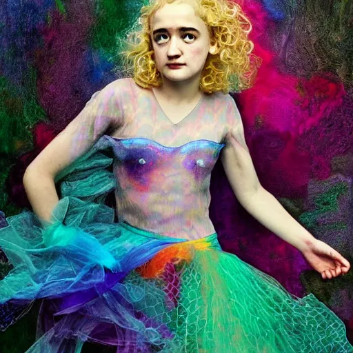 Image similar to surrealism psychedelic portrait sketch of julia garner as delirium of the endless in fishnet top and rainbow tutu skirt from the sandman, floating goldfish, green and blue eye heterochromia by alex ross, josh kirby, detailed, elegant, intricate