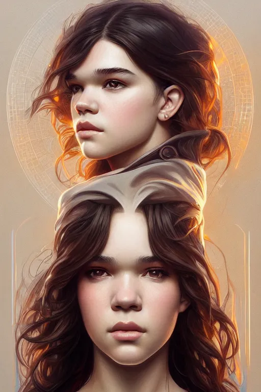 Prompt: symmetry!! portrait of hailee steinfeld, machine parts embedded into face, intricate, elegant, highly detailed, digital painting, artstation, concept art, smooth, sharp focus, illustration, art by artgerm and greg rutkowski and alphonse mucha, 8 k