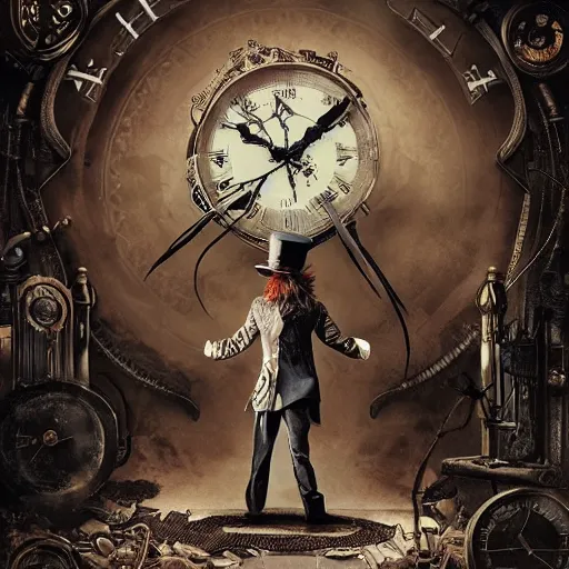 Image similar to The Mad Hatter standing in front of a twisted clock in Gothic-Steampunk style, highly detailed, artstation, intricate, gothic, steampunk, smooth, sharp focus, dark, horror, illustration, art by greg rutkowski and Yuumei, good clear quality, lighting, biology, symmetrical artwork, perfect face, 135 mm, cinematic, hyper realism, high detail, octane render, 8k, crimson highlights
